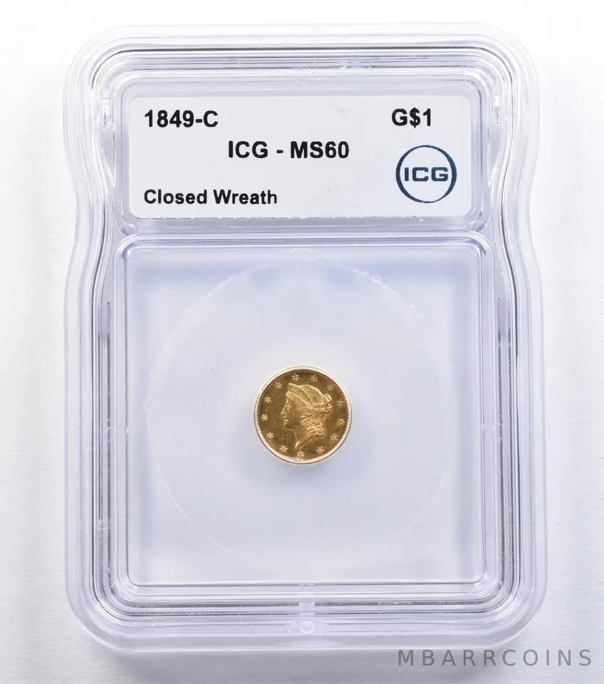 1849-C $1 Liberty Head Gold Dollar Closed Wreath MS60 ICG *2190