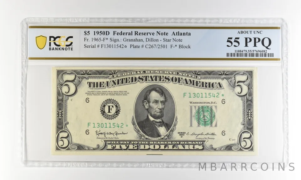 1950 D $5 Atlanta GA FRN Fr#1965-F* Star Note About Unc 55 PPQ PCGS a4518