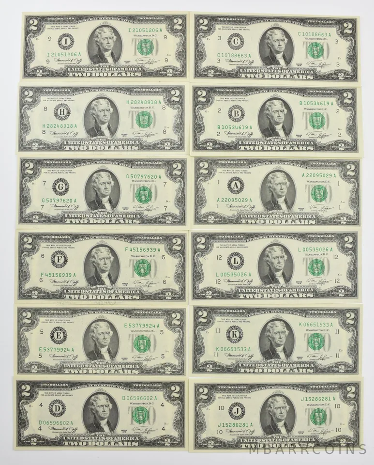 Set of (12) 1976 $2 FRN Green Seal District Set - All Districts - UNC