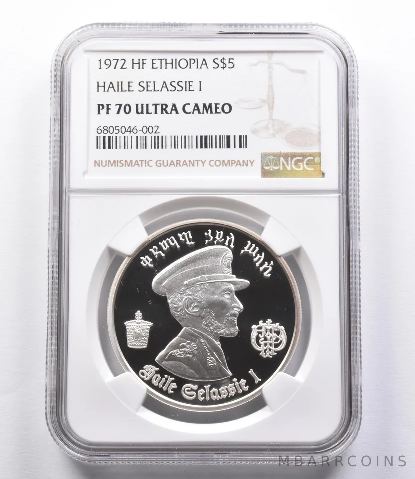 PF70 UCAM 1972 HF Ethiopia 5 Dollars .999 Silver Haile Selassie I NGC *2914