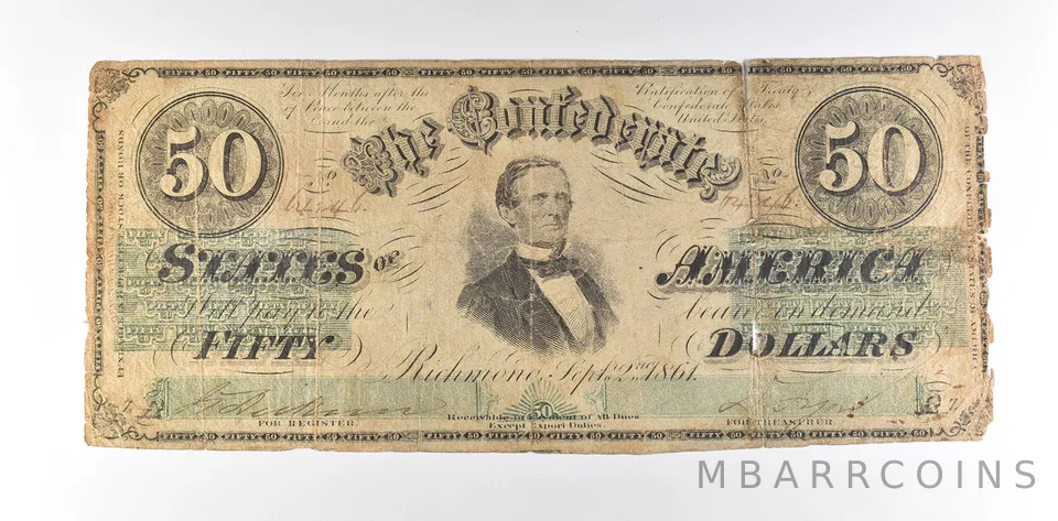 1864 $50 Confederate States Of America T-16 Large Note a8509