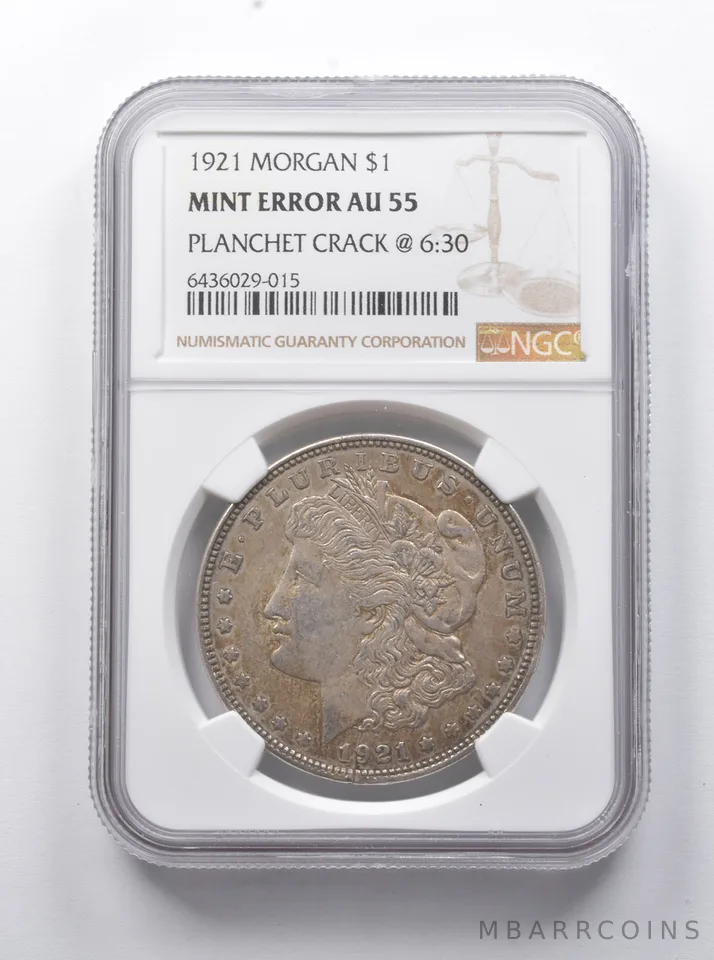 Error AU55 1921 Morgan Silver Dollar Planchet Crack @ 6:30 NGC *7934