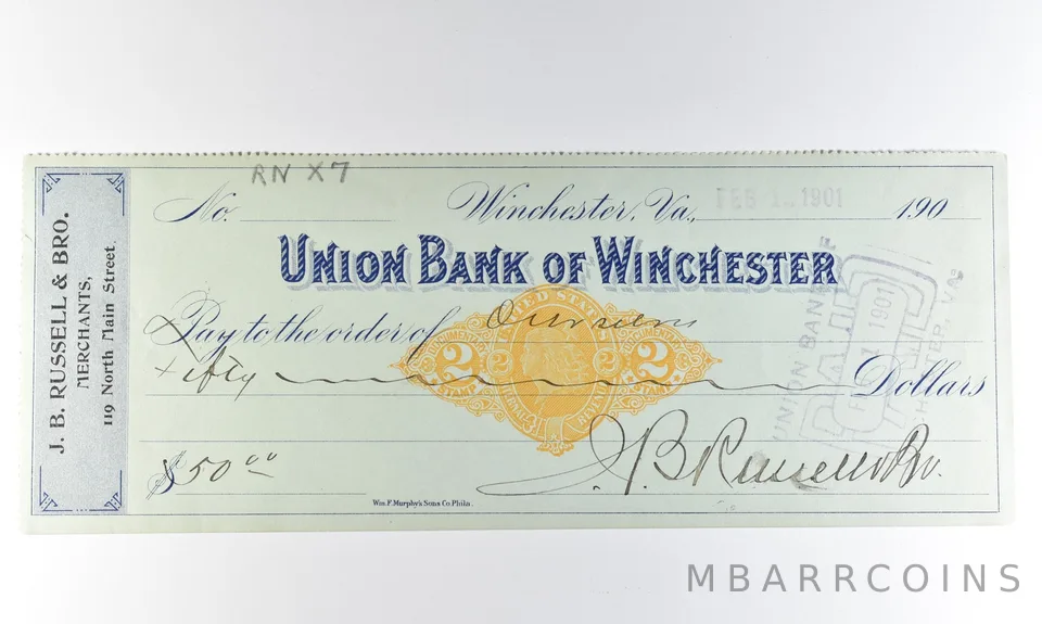 1901 Winchester VA Union Bank Check $50.00 *8302