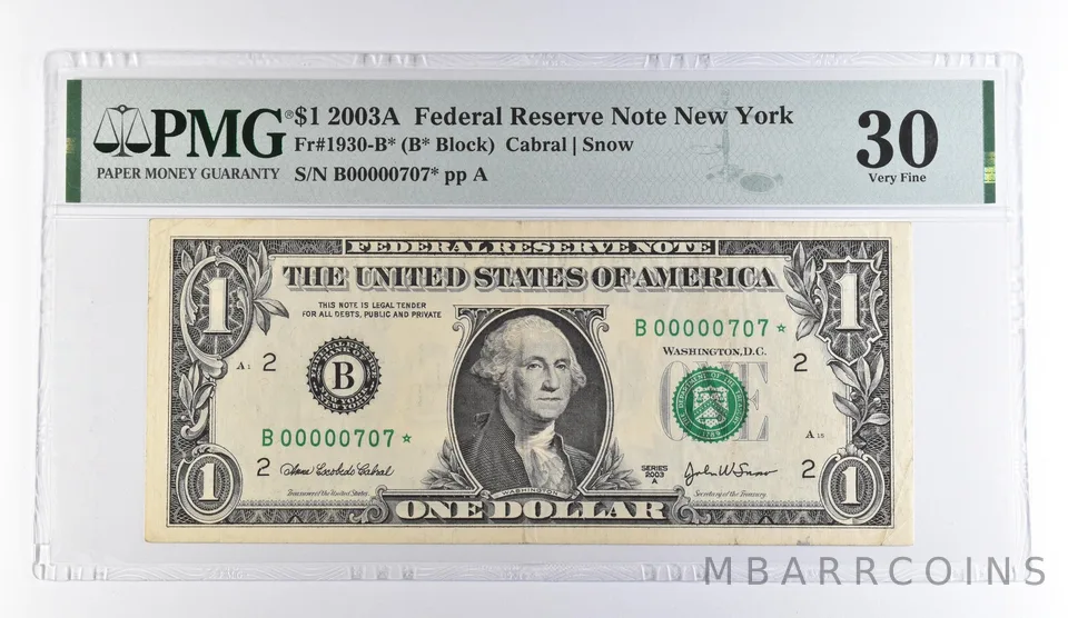 2003 A $1 New York NY FRN Fr#1930-B* Star Note VF 30 PMG Low Serial 707 *9510