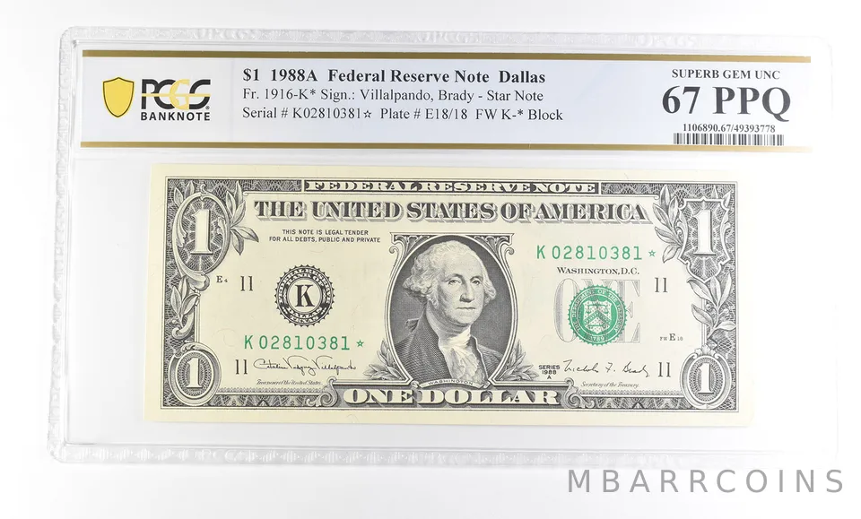1988 A $1 Dallas TX FRN Star Note Fr#1916-K* Superb Gem Unc 67 PPQ PCGS a2900