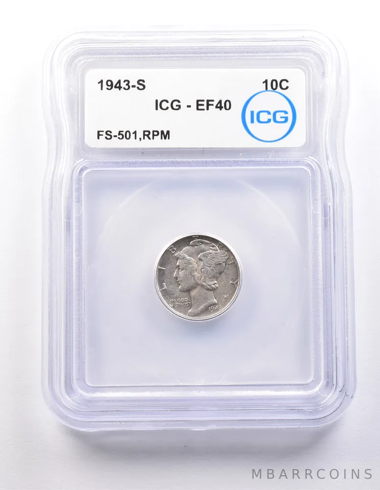 1943-S Mercury Dime FS-501 RPM EF40 ICG *9834