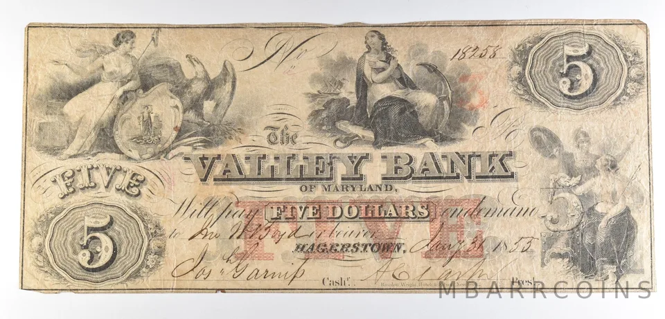 1855 $5 Hagerstown MD Valley Bank Obsolete Note *8522