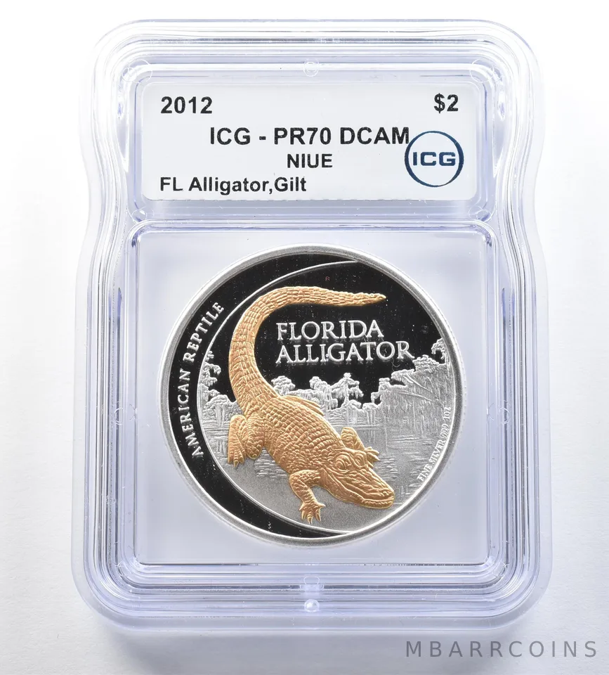 2012 Niue 2 Dollars Silver Gilt Florida Alligator PR70 DCAM ICG *0780