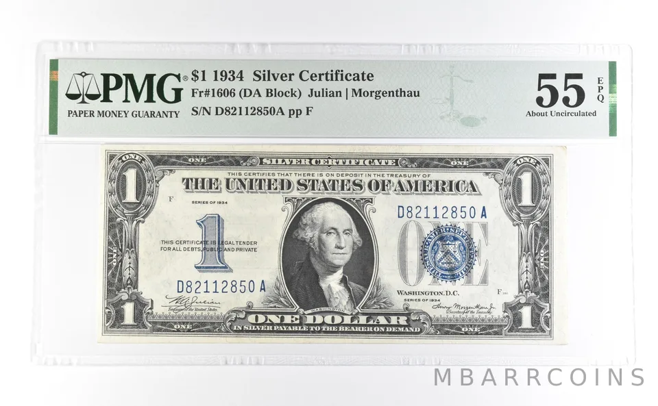1934 $1 Silver Certificate Fr#1606 About Unc 55 EPQ PMG a6986