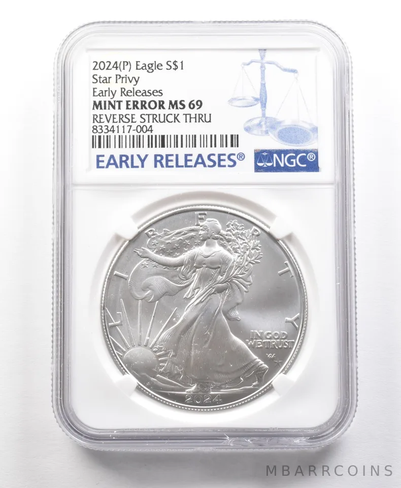 2024 (P) American Silver Eagle Star Privy Error Rev Struck Thru MS69 NGC *5672