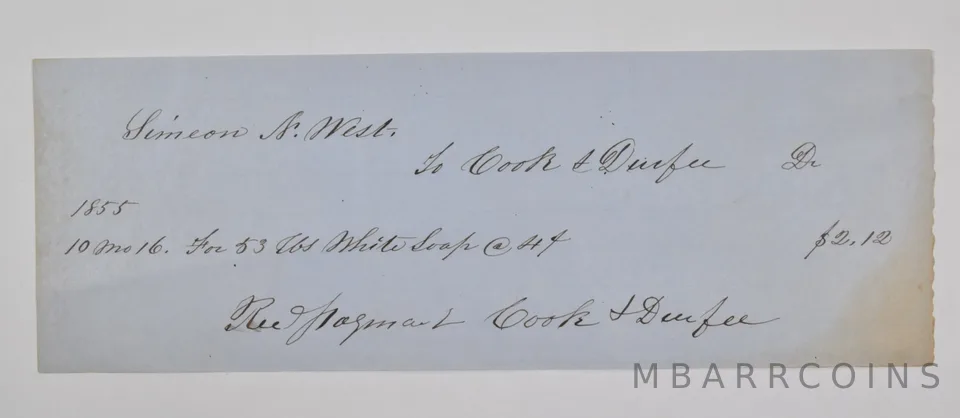 1855 $2.12 Pay To The Order Of Note Signed Simeon A. West Early Check a9875