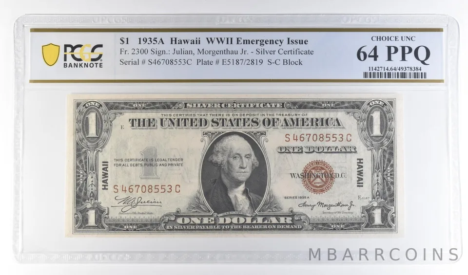 1935 A $1 Silver Certificate Hawaii WWII Emergency Fr#2300 Unc 64 PPQ PCGS *4652