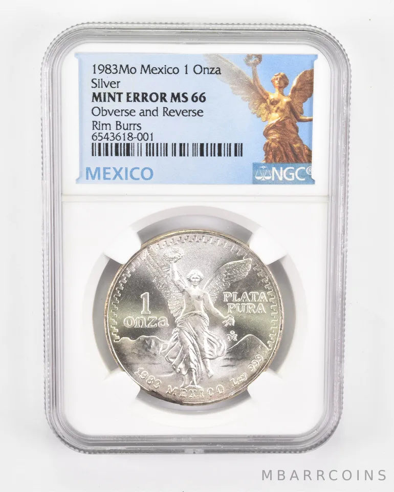 ERROR MS66 1983 Mo Mexico 1 Silver Onza - OBV & REV Rim Bars - Graded NGC *0537