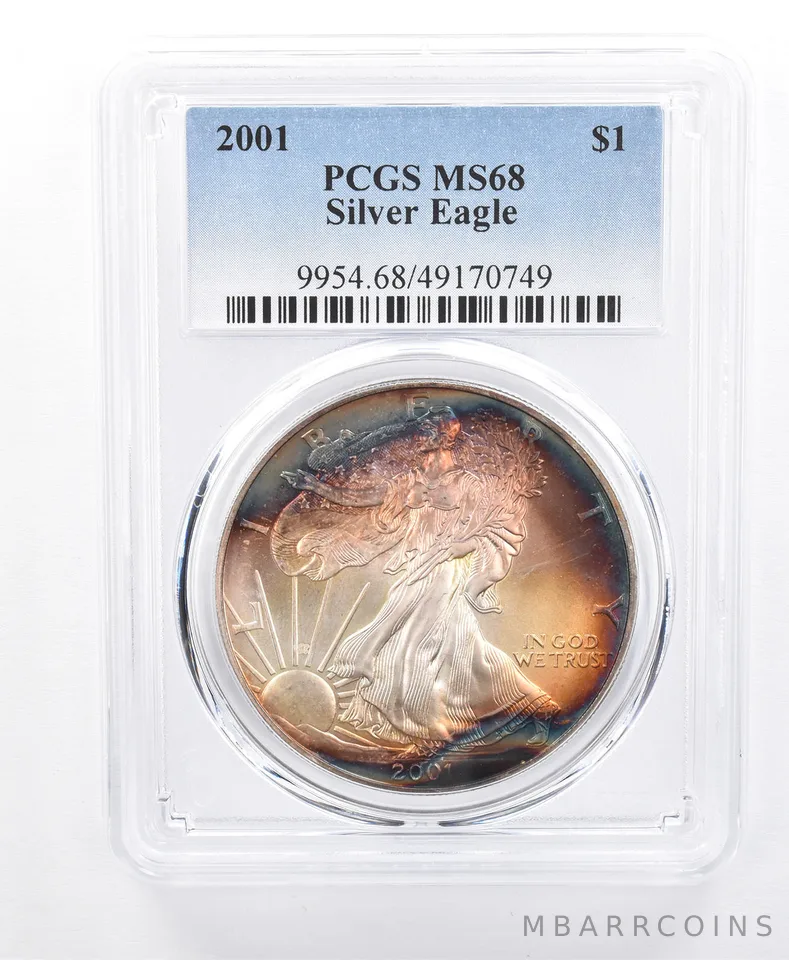 2001 American Silver Eagle MS68 PCGS Orange/Blue Tone *8652