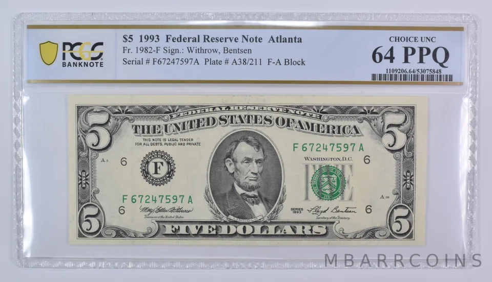 1993 $5 Atlanta GA FRN Fr#1982-F Choice Unc 64 PPQ PCGS