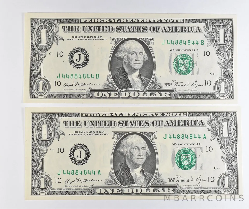 Lot (2) Matching Serial Numbers 1981 $1 Kansas City MO FRN *1729
