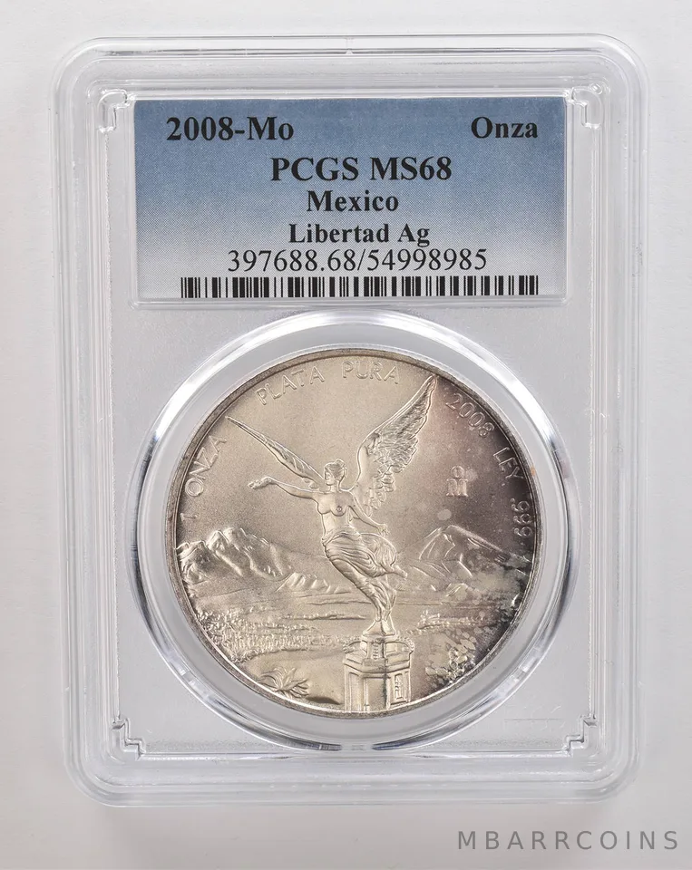 2008 Mo Mexico 1 Onza Silver Libertad MS68 PCGS Peripheral Tone *4342