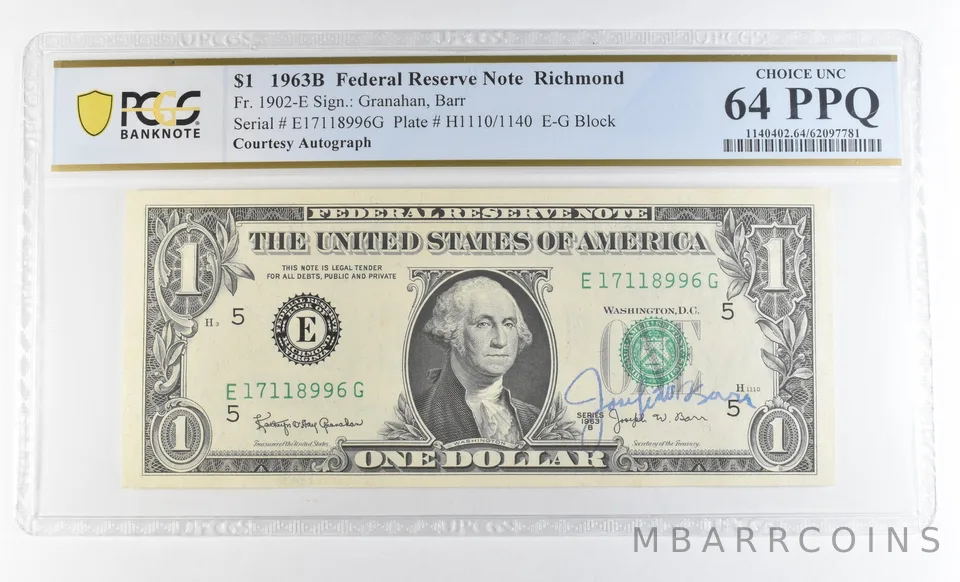 1963 B 64 $1 Richmond VA FRN Courtesy Autograph FR#1902-E PPQ PCGS Barr *0625