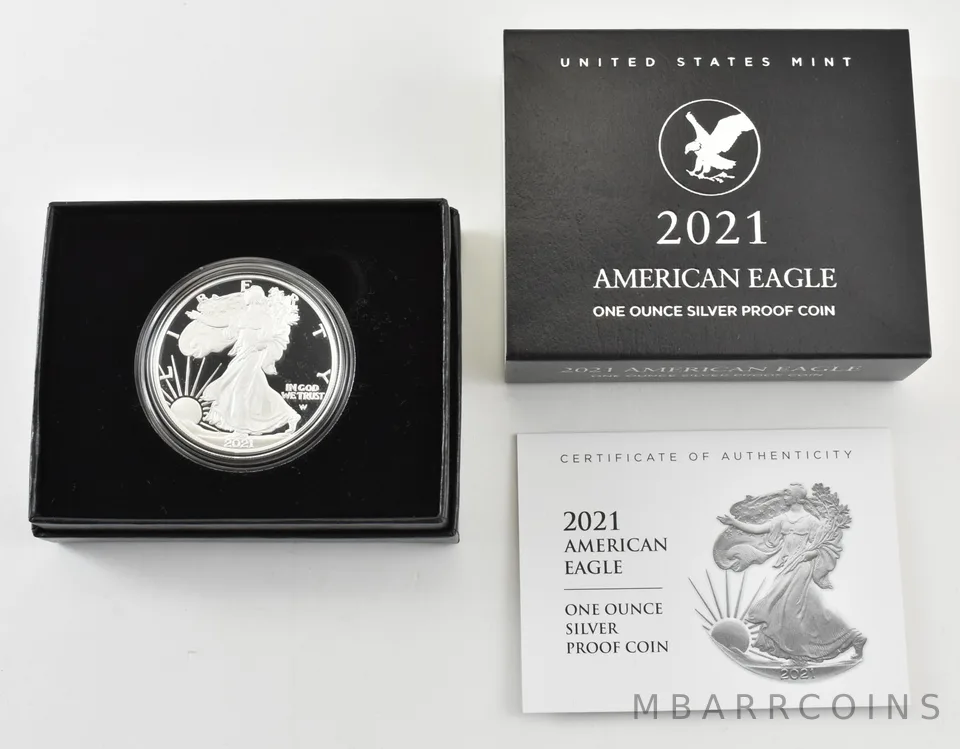 2021-W American Silver Eagle Type 2 PROOF 1 Oz Silver - Coin & Box & COA