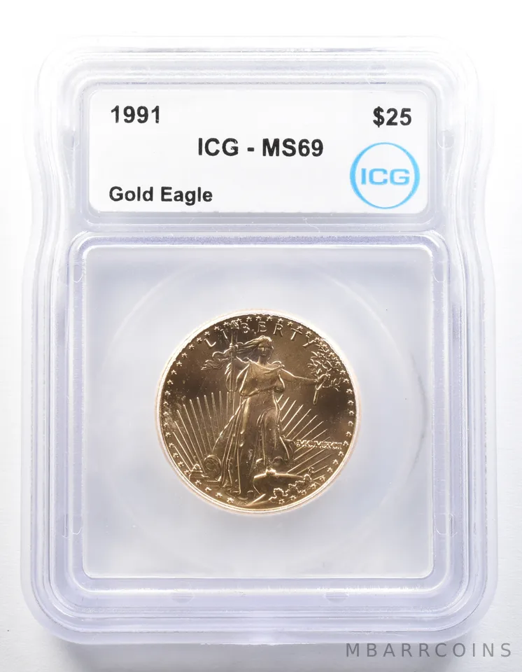 1991 $25 American Gold Eagle 1/2 Oz Gold MS69 ICG a0296