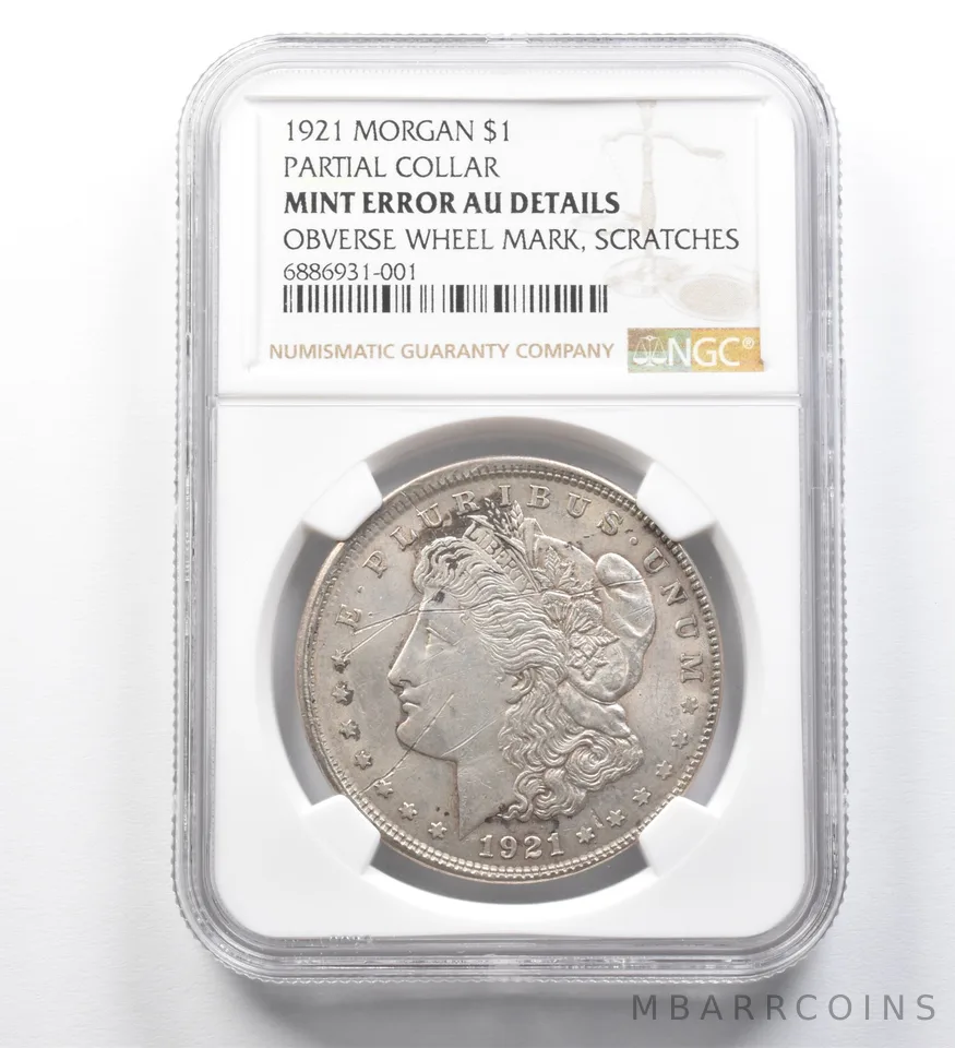 1921 Morgan Silver Dollar Partial Collar AU Details Mint Error NGC *0349