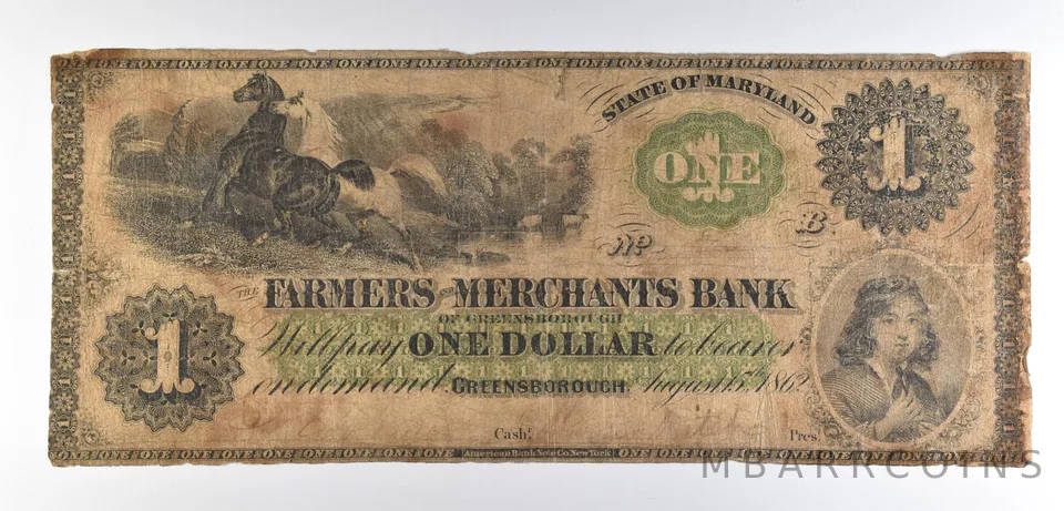 1862 $1 Greensborough MD Farmers Merchants Bank Obsolete Note *8547