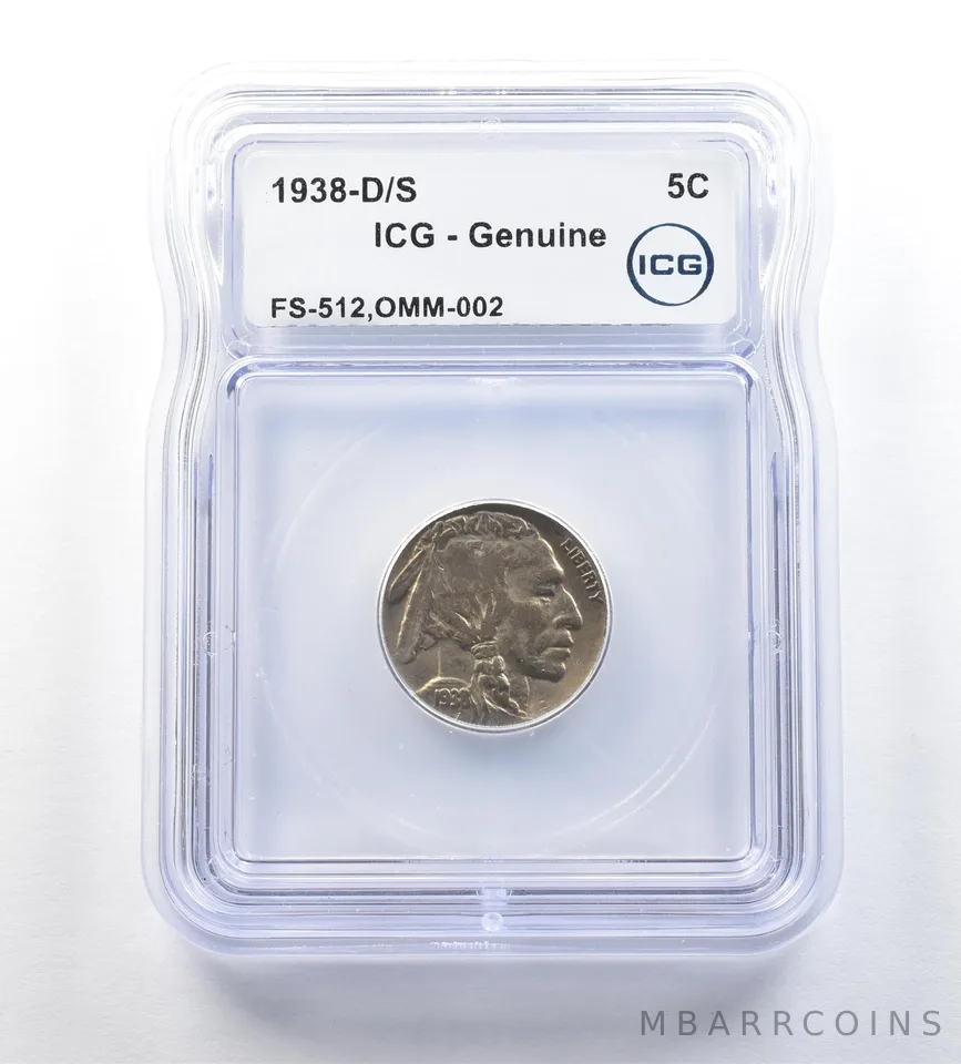 1938-D/S Indian Head Buffalo Nickel FS-512 OMM-002 Genuine ICG *0679