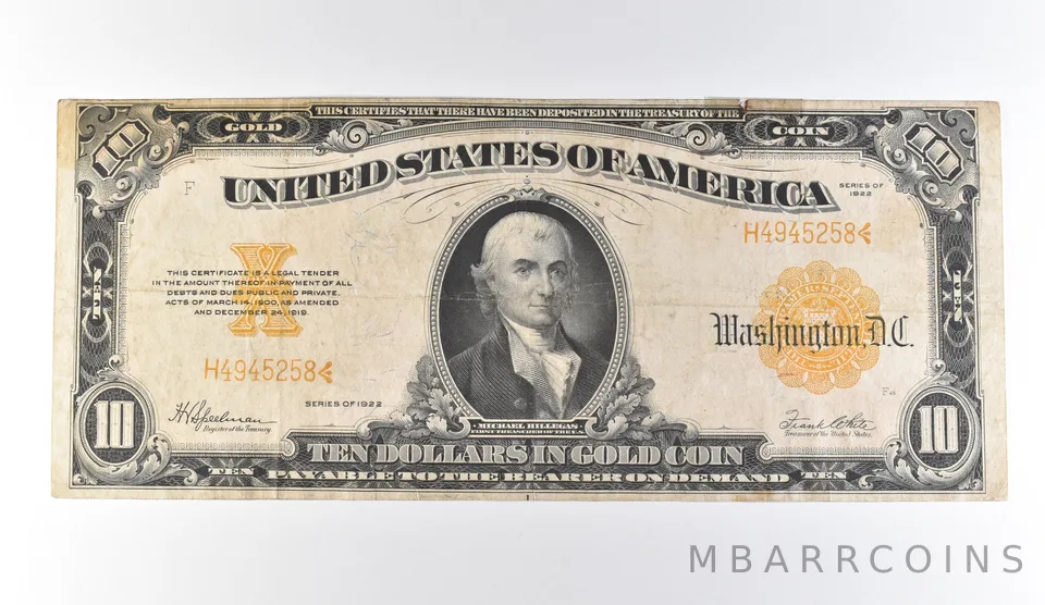 1922 $10 Gold Certificate Large Note Yellow Seal *9702