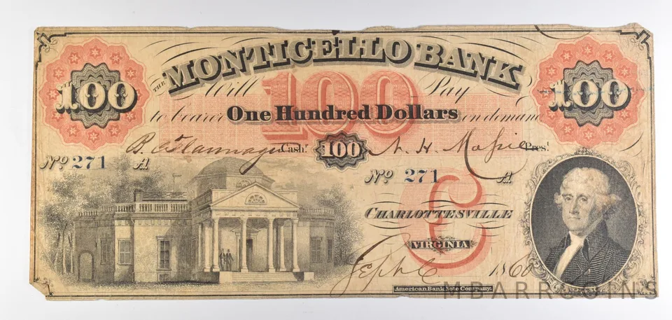 1860 $100 Monticello Bank Charlottesville VA Banknote a2837