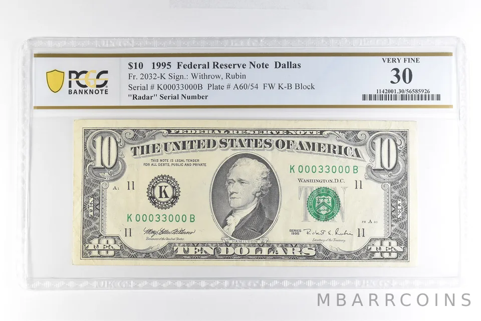 1995 $10 Dallas TX FRN Radar Serial Number Fr#2032-K Very Fine 30 PCGS *4948
