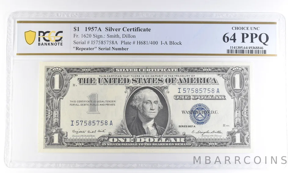 1957 A $1 Silver Certificate Fr#1620 Repeater Serial Unc 64 PPQ PCGS a6122