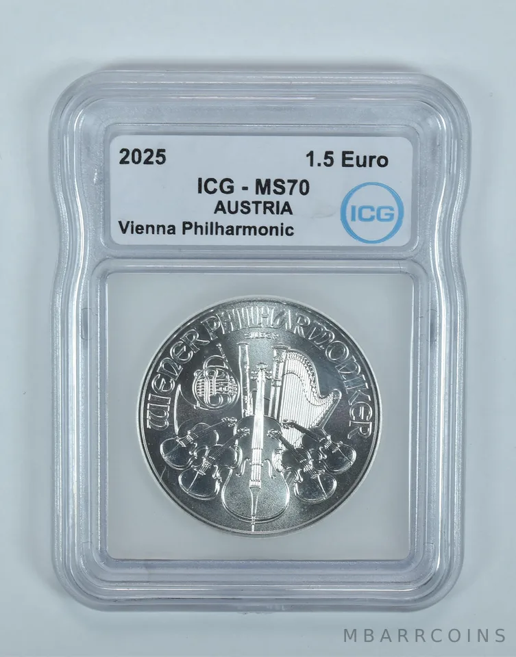2025 Austria 1,50 Euro Silver Philharmonic 1 Oz MS70 ICG