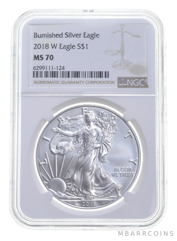 2018-W BURNISHED SILVER EAGLE MS70 NGC CLASSIC BROWN LABEL