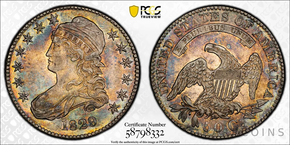 1829 Capped Bust Half Dollar AU58 PCGS Beautiful Tone a6899