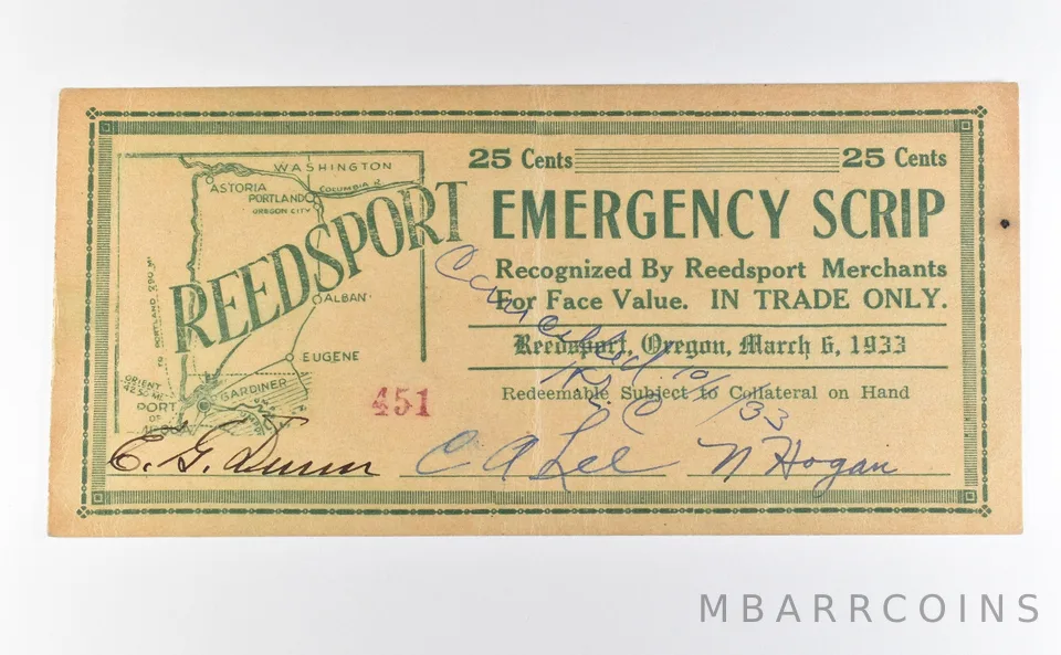 1933 25 Cents Reedsport OR Emergency Scrip *9763