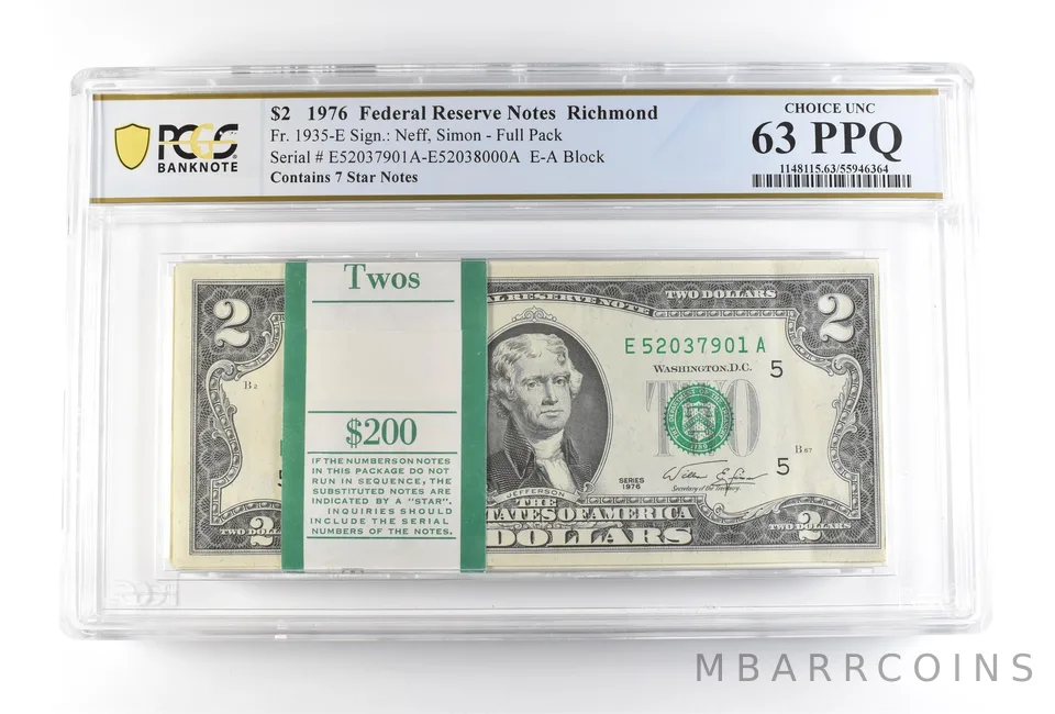 1976 $2 Richmond VA FRN Full Pack Fr#1935-E Choice Unc 63 PPQ PCGS *2510
