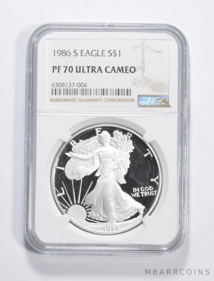 1986-S American Silver Eagle 1 Oz PF70 UCAM NGC Brown Label