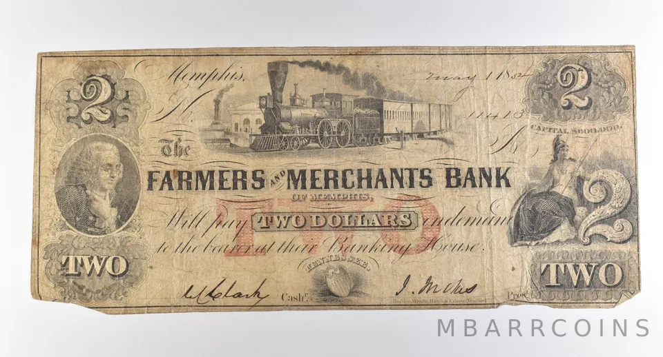 1852 $2 Memphis TN Farmers And Merchants Bank Obsolete Note *3862