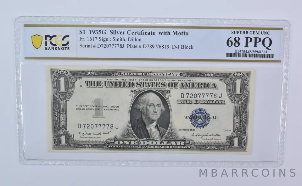 1935 G $1 Silver Certificate With Motto Fr#1617 Superb Gem Unc 68 PPQ PCGS *8100
