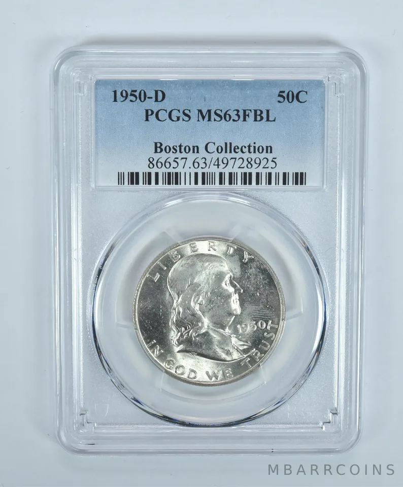 1950-D Franklin Half Dollar Boston Collection MS63 FBL PCGS Blue Label