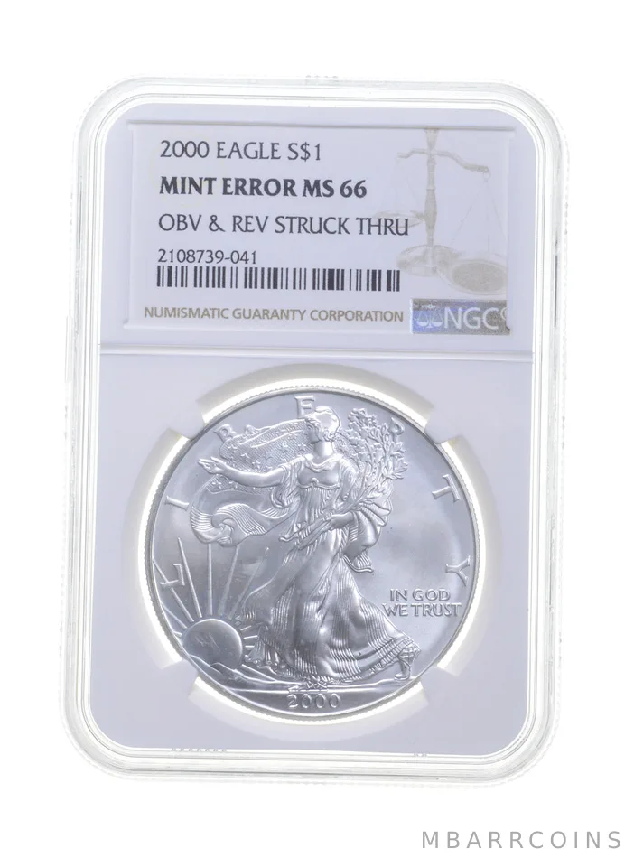 MS66 MINT ERROR 2000 American Silver Eagle OBV & REV Struck Thru NGC a4274