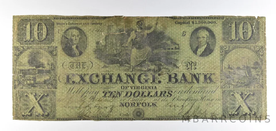 1850s $10 Norfolk VA Exchange Bank Obsolete Note *8881