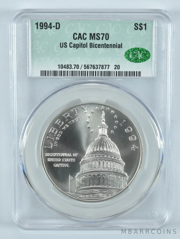 1994-D US Capitol Commemorative Silver Dollar MS70 CAC CACg