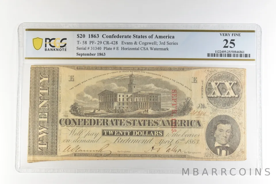 1863 $20 Confederate States America T-58 PF-29 CR-428 Very Fine 25 PCGS *4478