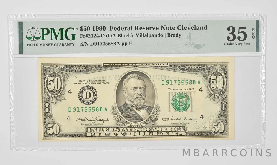 $50 1990 Cleveland OH FRN PMG 35 VF Fr# 2124-D (DA Block) Wet Transfer Err *0926
