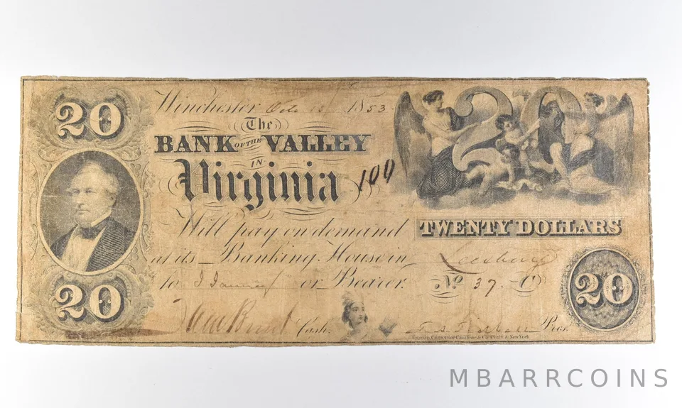 1853 $20 Winchester VA Bank Of The Valley Obsolete Note *8312