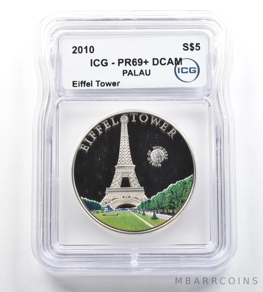 2010 Palau 5 Dollars Silver Eiffel Tower PR69+ DCAM ICG *5298