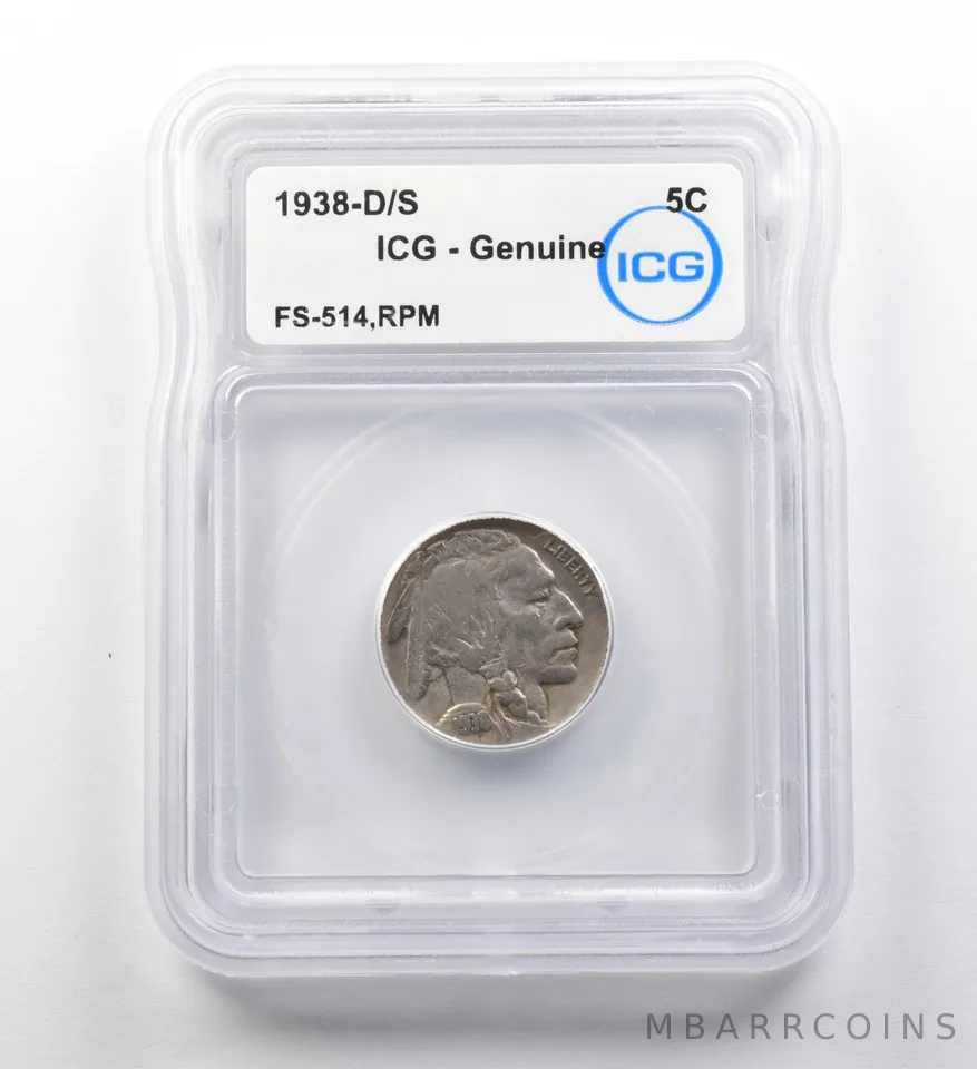 1938-D/S Indian Head Buffalo Nickel FS-514 RPM Genuine ICG ERROR *8186