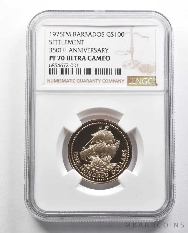 PF70 UCAM 1975 FM Barbados $100 Gold Settlement 350th Anniversary NGC *9778