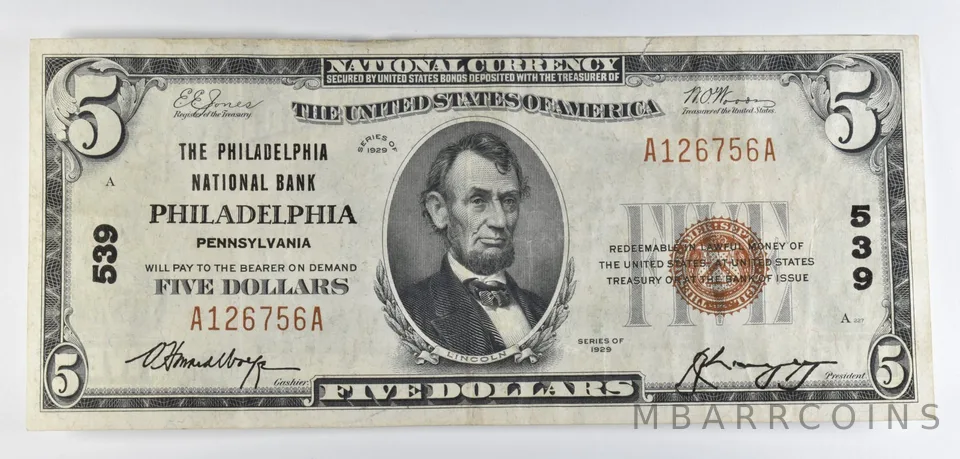 1929 $5 National Currency Note Philadelphia PA Ch#539 a8555